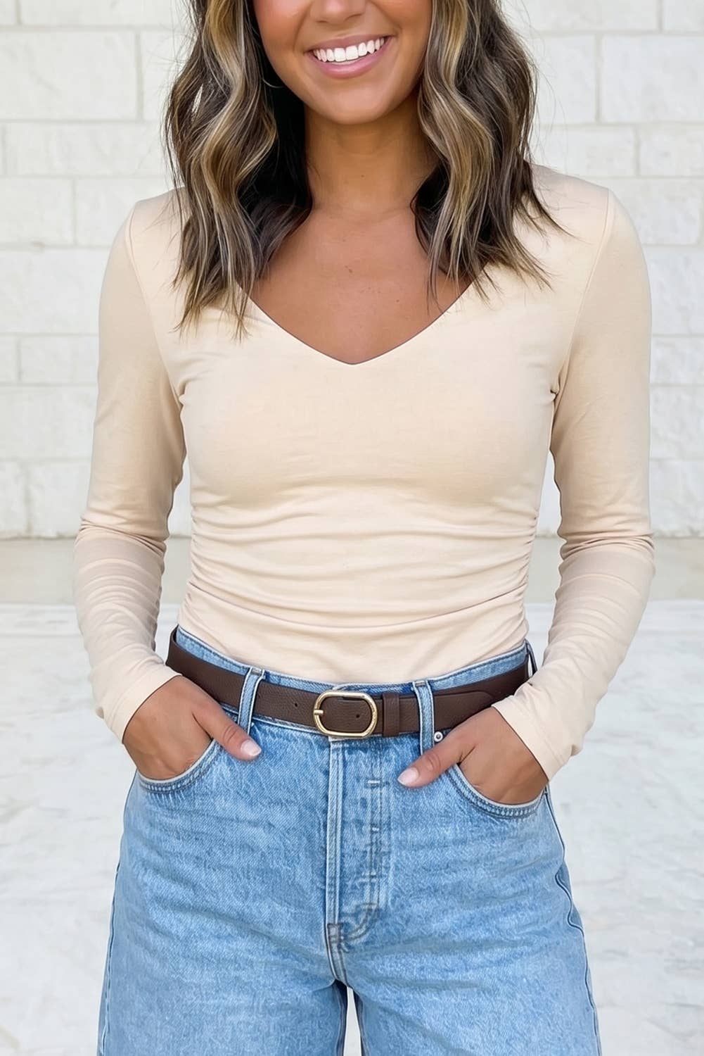 Slim Fit Long Sleeve Basic Tee: Beige