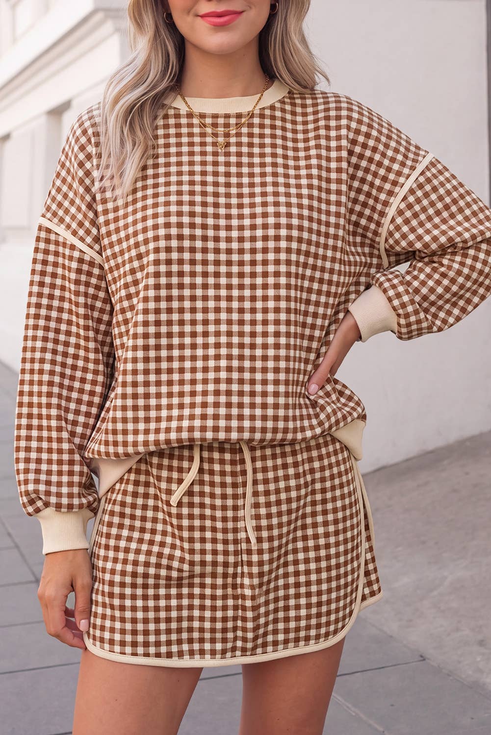 Gingham Print Oversized Top & Skort Set