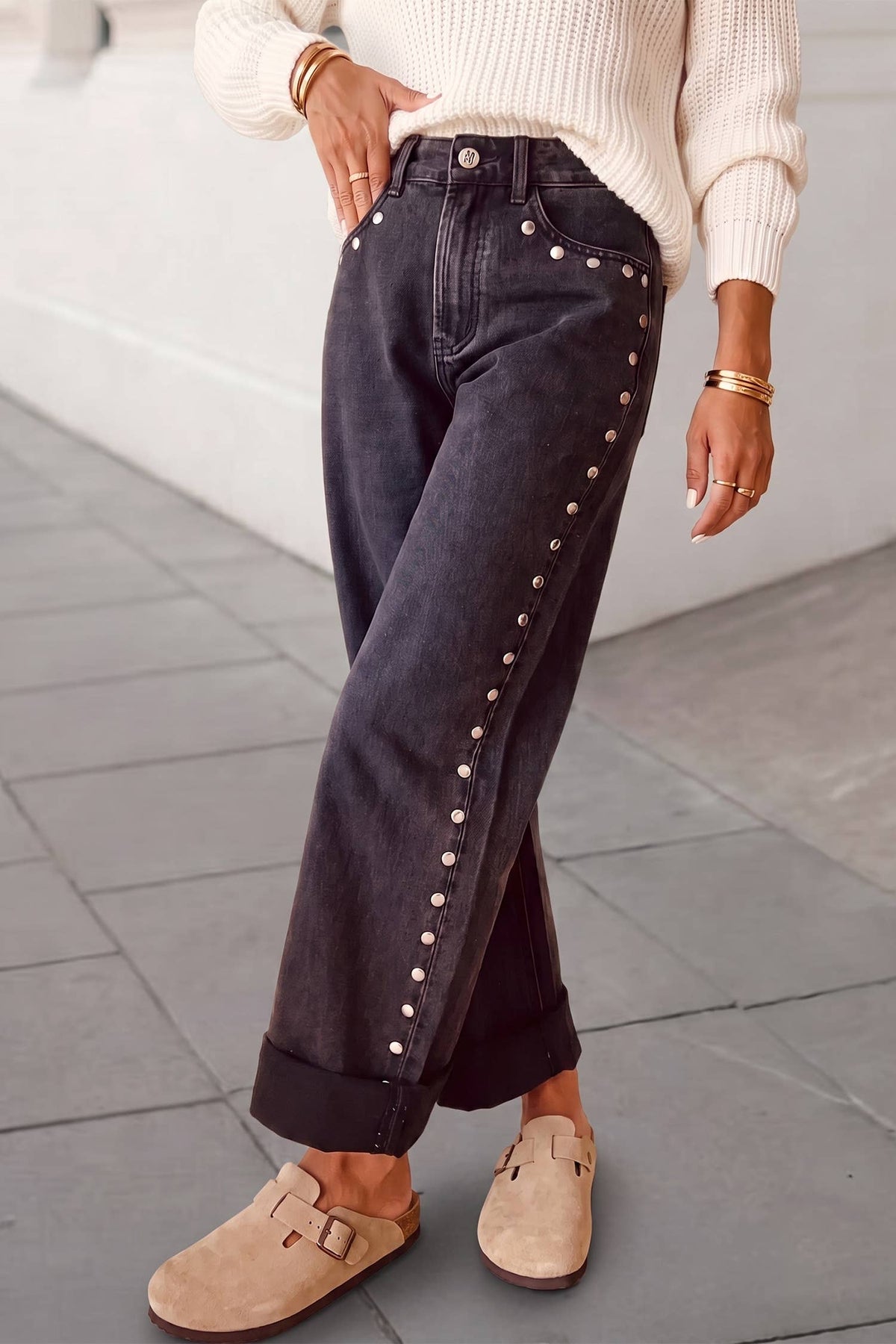 Studded Straight Leg Loose Jeans