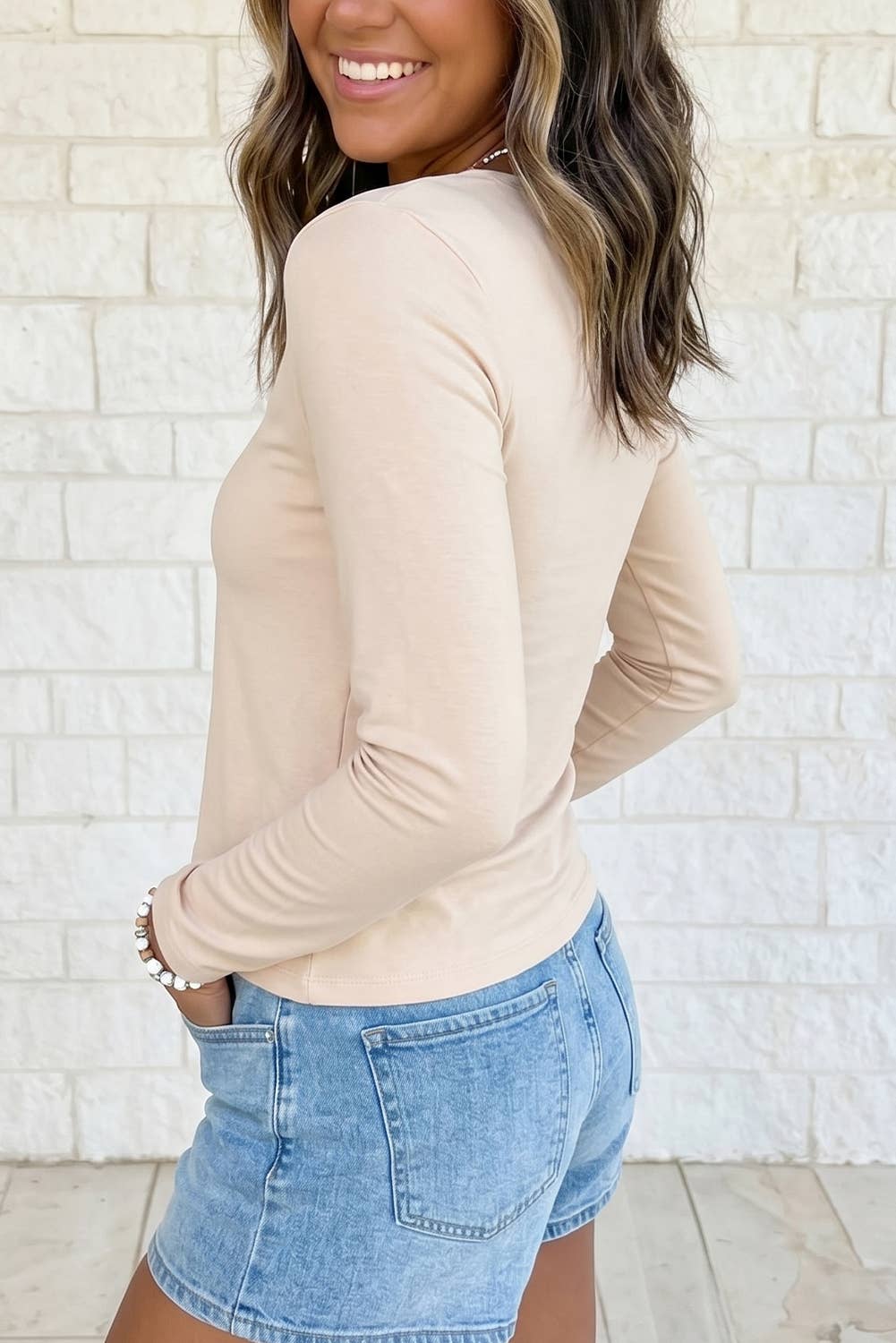 Slim Fit Long Sleeve Basic Tee: Beige