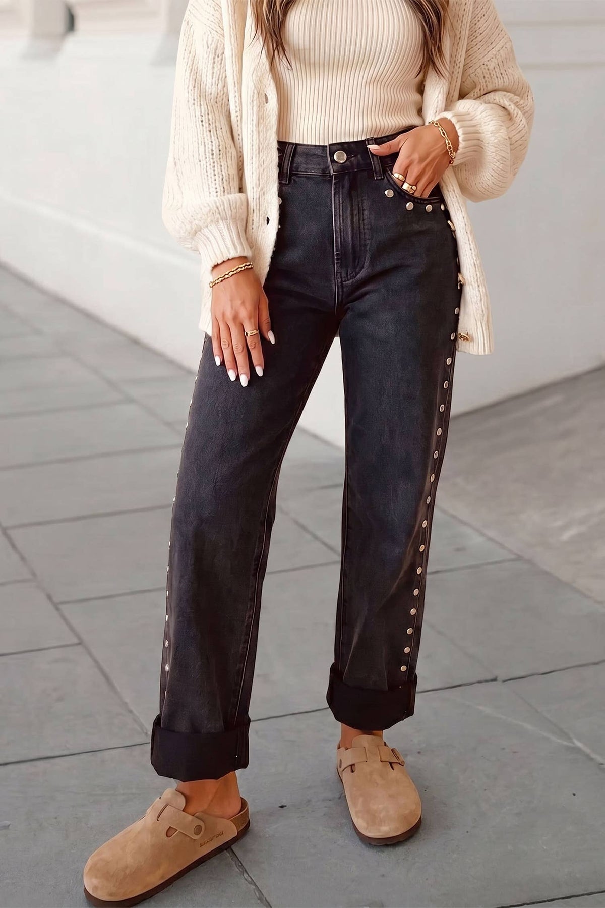 Studded Straight Leg Loose Jeans