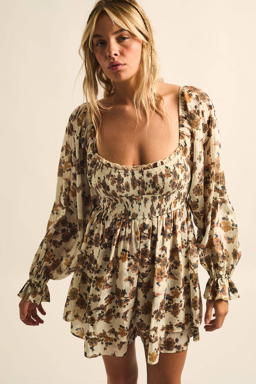 Floral Bubble Sleeve Romper