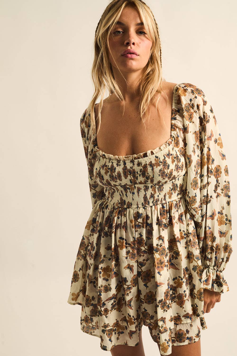 Floral Bubble Sleeve Romper